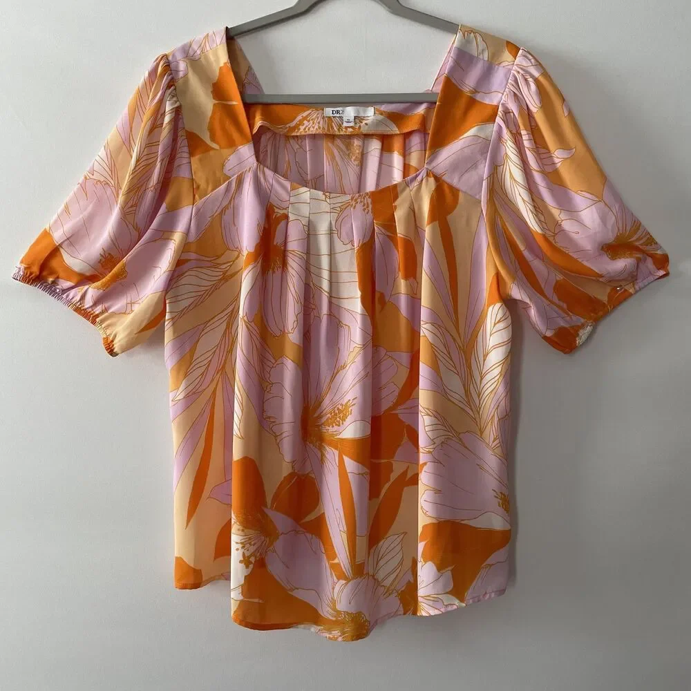 DR2 Blouse Floral Square Neck Short Sleeve Pink Orange Women's Size XL